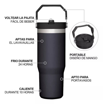 Vaso Térmico De 30oz Acero Inoxidable Con Popote Y Asa