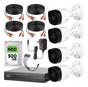 Kit Videovigilancia 4 Cámaras Dahua Bala B1A21 2MP / Hdd 500Gb / Cables / Accesorios